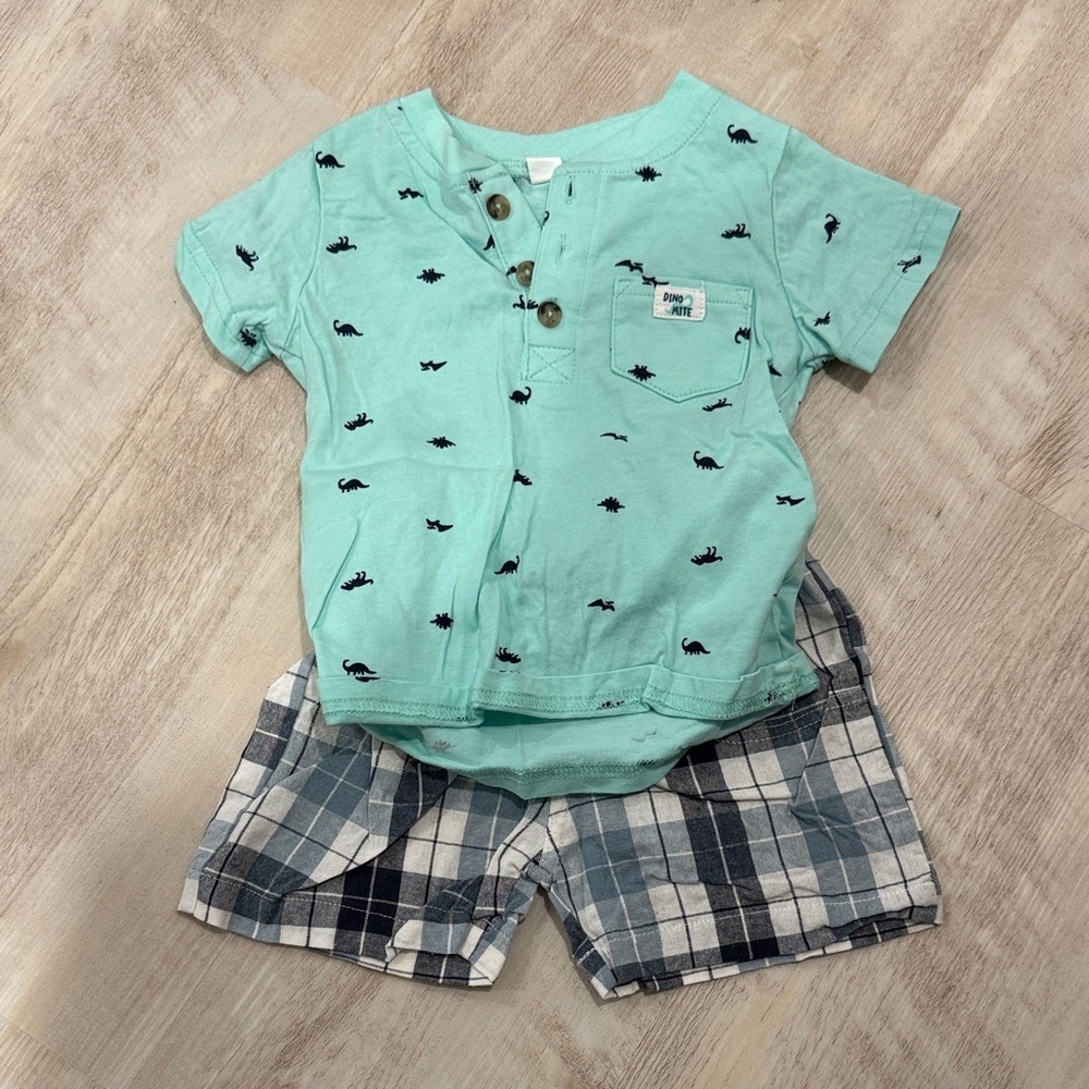 Mint Green Dinosaur Shirt and Plaid Shorts Set